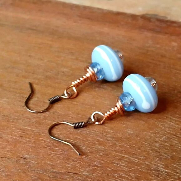 Blue Boho Beaded Dangle Earrings, Copper, OOAK Artisan - Picture 2 of 4